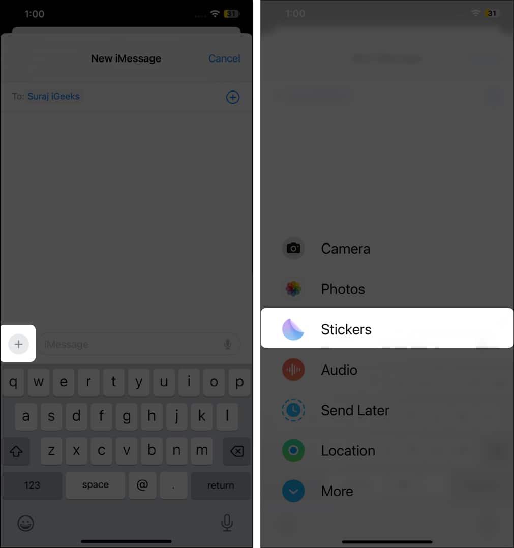 Stickers option in the Message app on an iPhone.