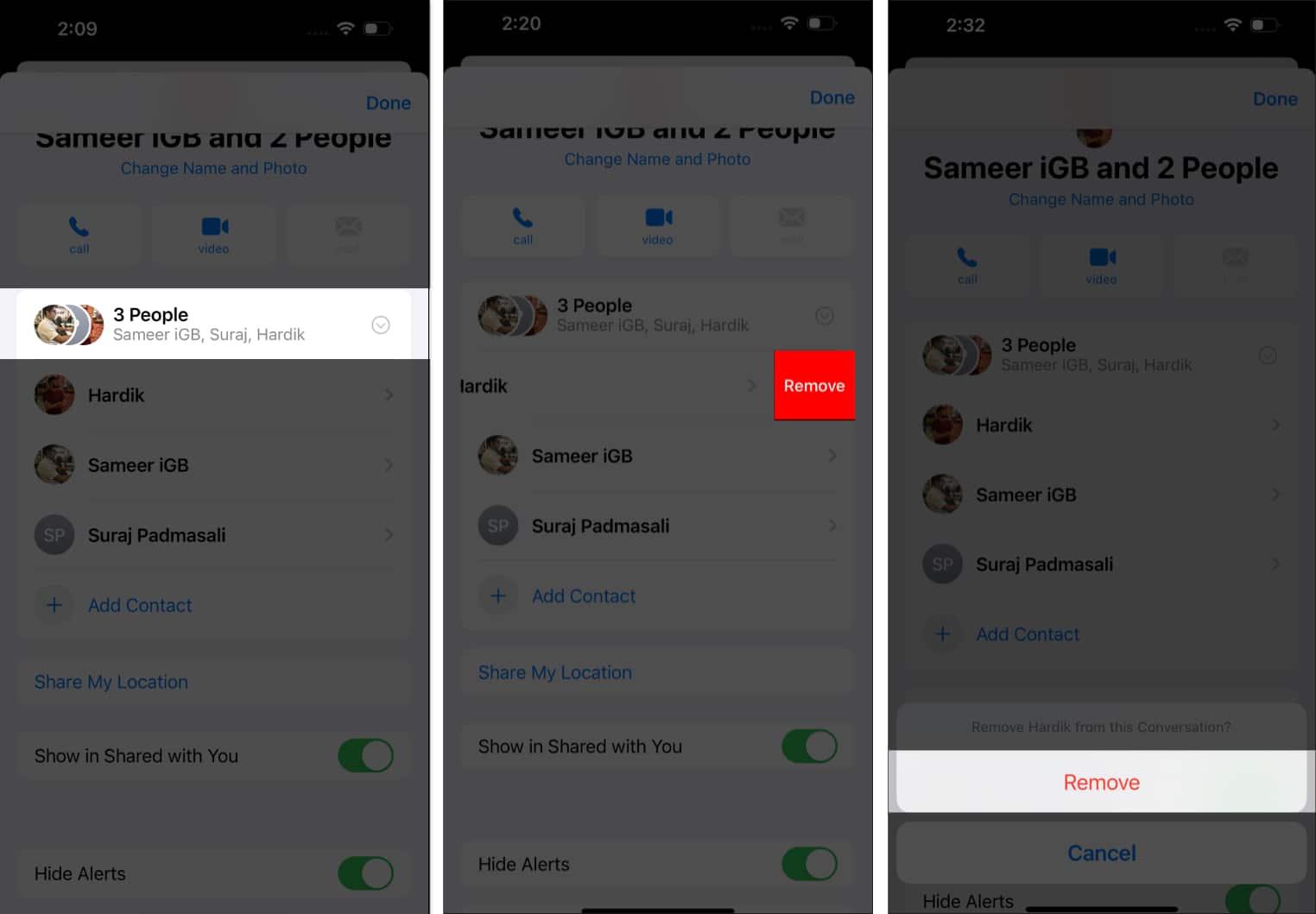 Removing a person from an iMessage group on an iPhone.