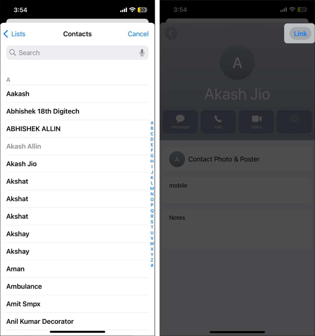 Choosing a contact and linking it with it duplicate in the Contacts app on an iPhone.