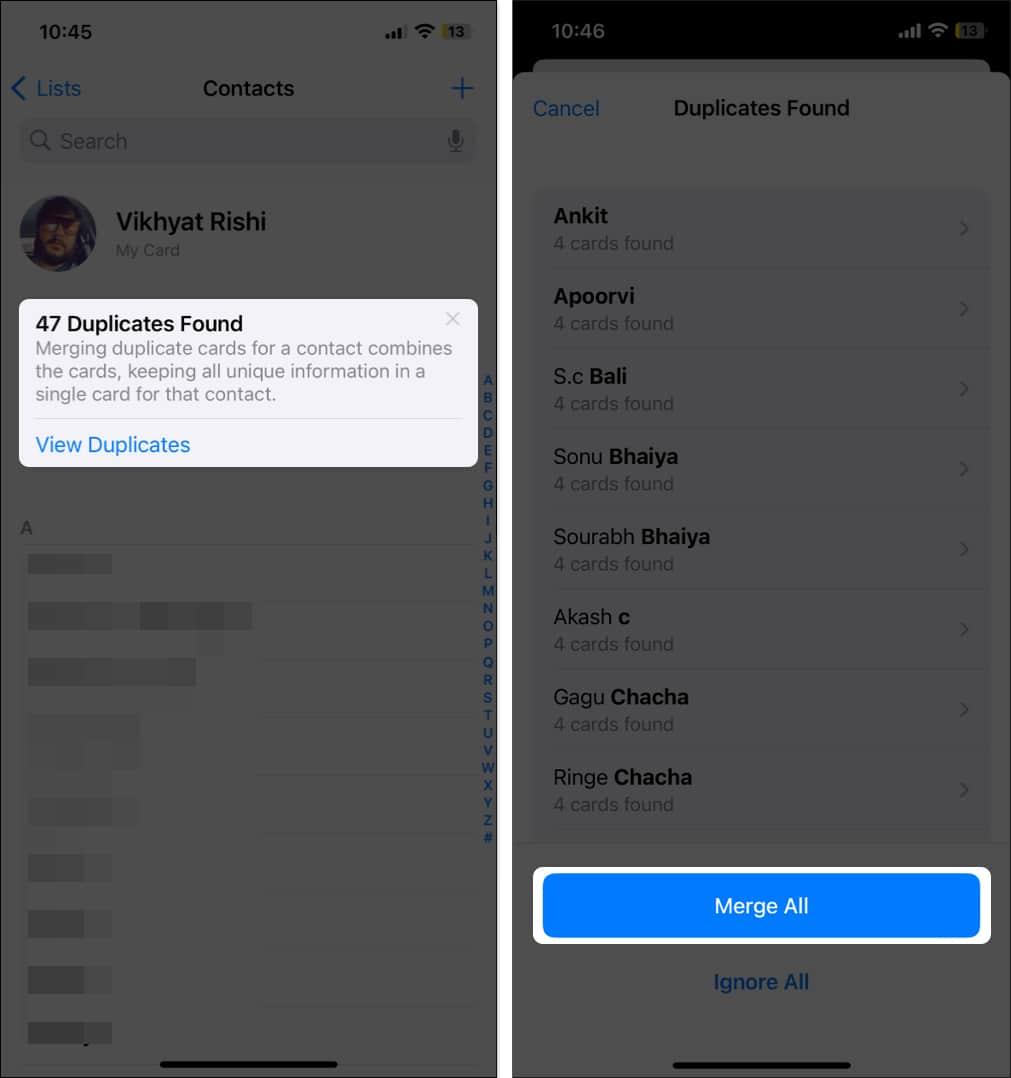 iOS Contacts app with a banner showing the number of duplicate contact entries and the Merge All button to merge them on an iPhone.