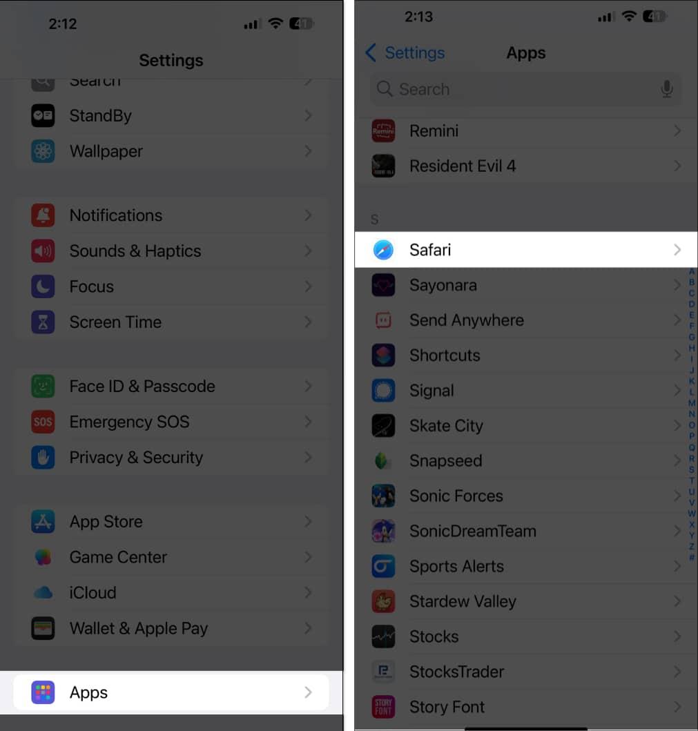 Accessing Safari settings in iOS Settings app.