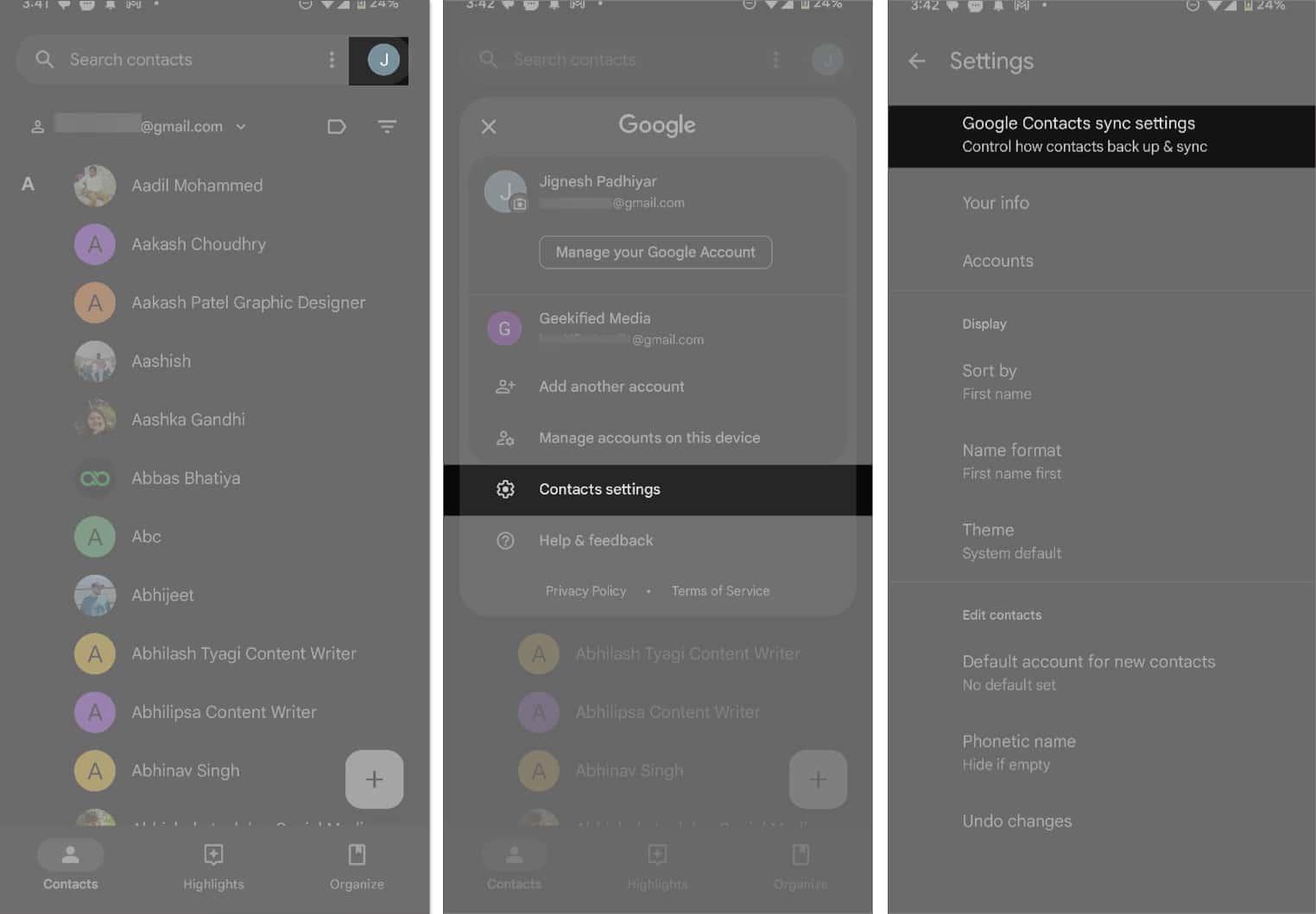 Accessing Google Contacts sync settings in the Contacts app on Android.