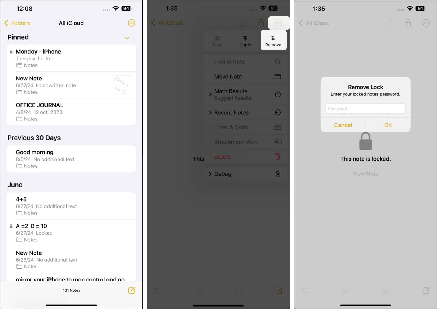 Removing lock from a note in the Apple Notes app on an iPhone.