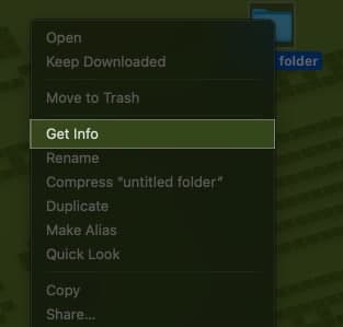 Get Info option on a folder on a Mac.