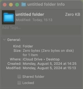 Info window showing information about a folder on a Mac.