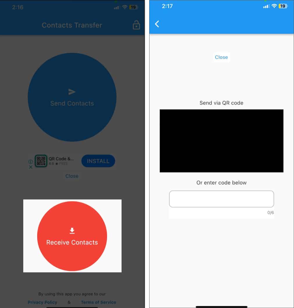 Scanning QR code or enter code in the Contacts Transfer app on an iPhone.