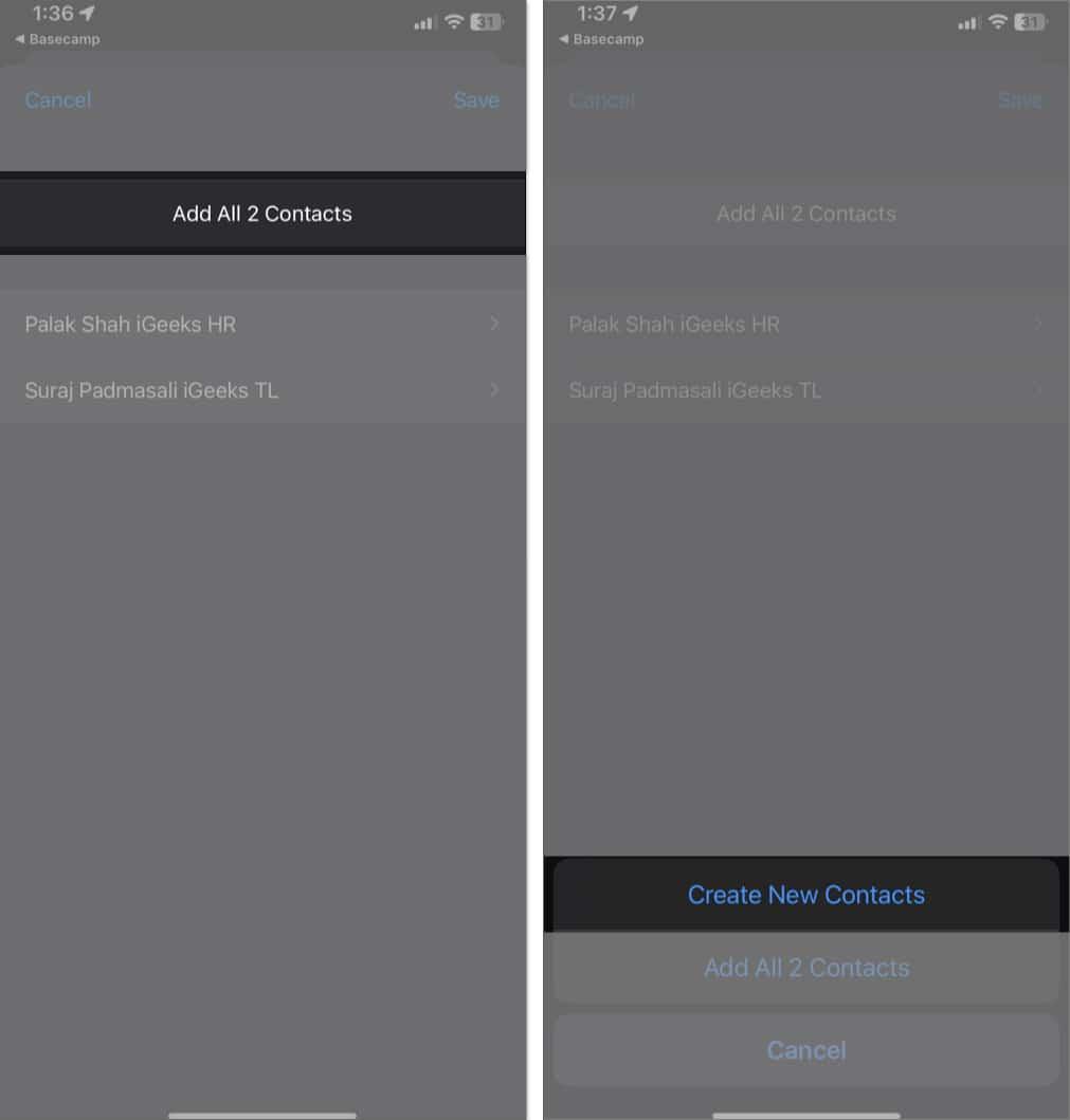Adding imported contacts to the contacts list on an iPhone.