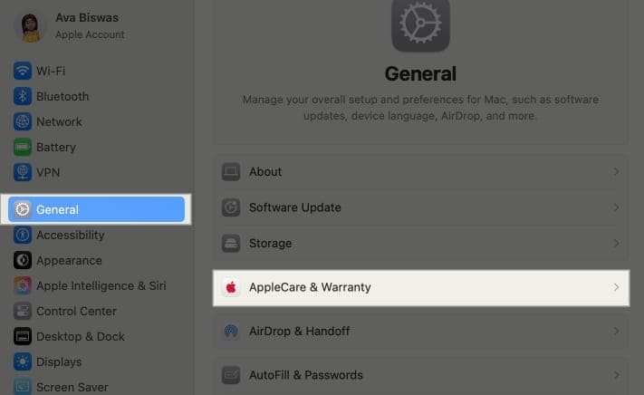 AppleCare & Warranty option in the macOS Settings app.