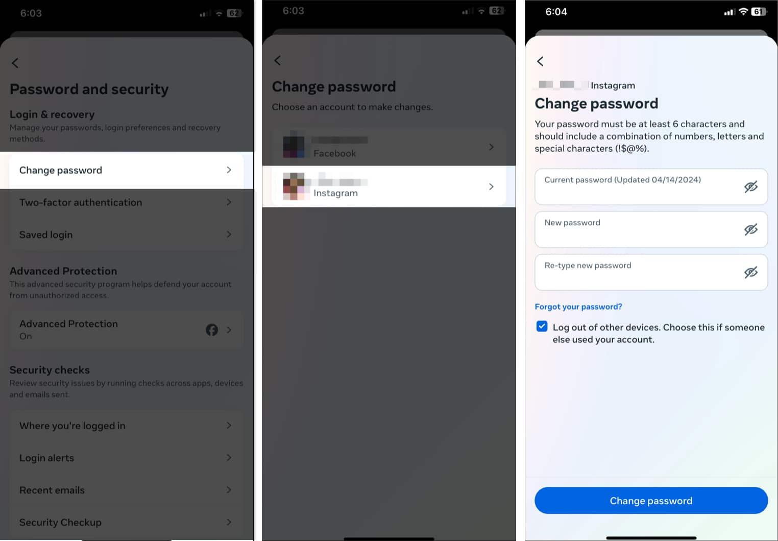 Change Password screen in the Instagram app on an iPhone to change an old/forgotten password.
