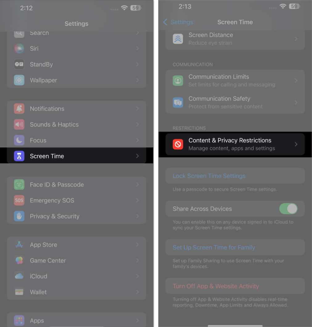 Select Content and Privacy Restrictions from Screen Time settings