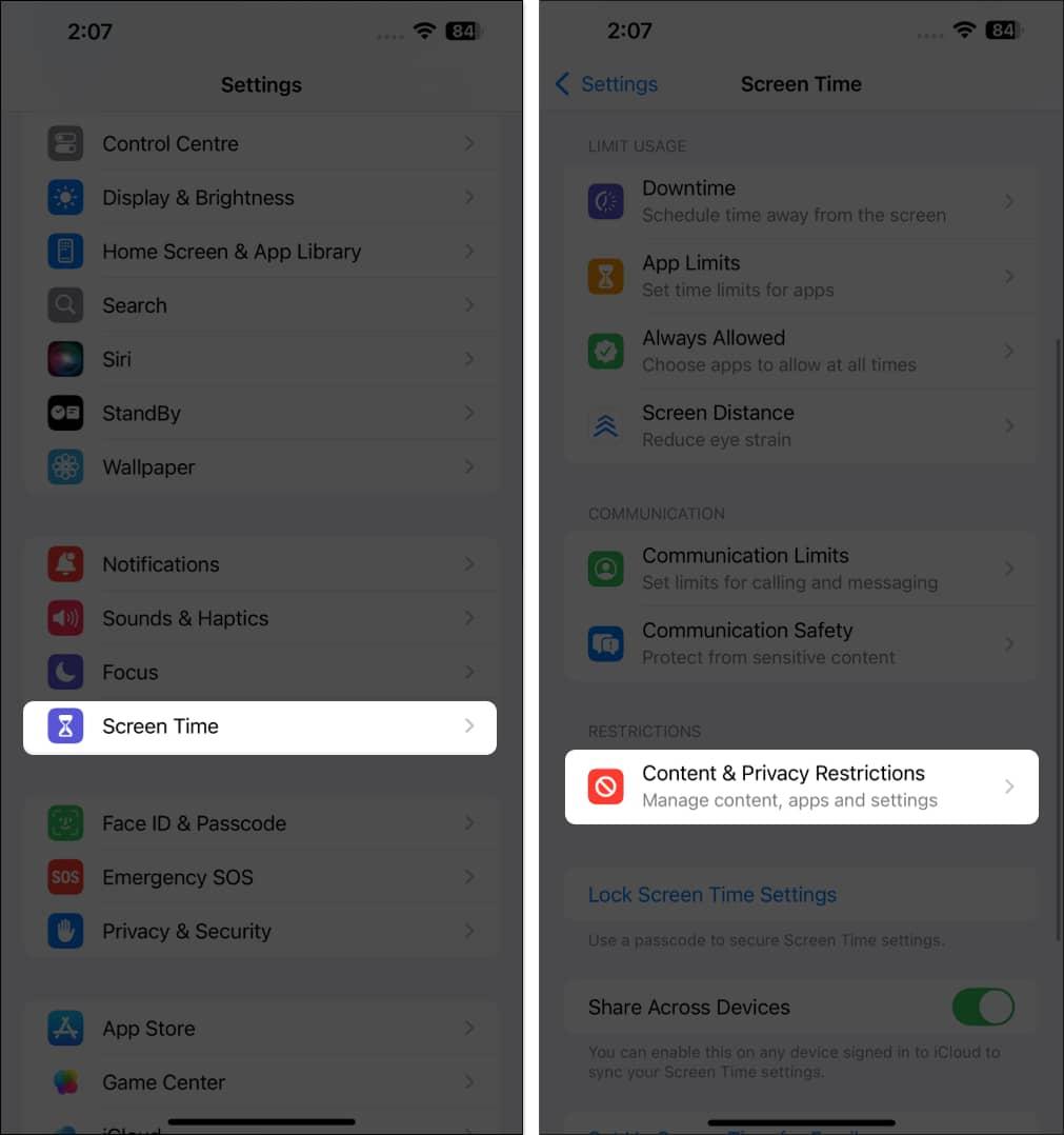 Content & Privacy Restrictions option in Screen Time settings on an iPhone.