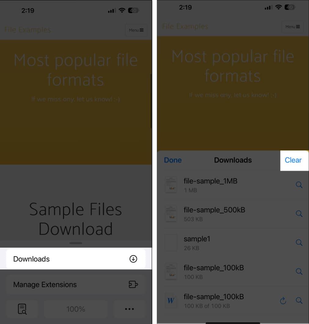Deleting all downloaded files in the Safari app on an iPhone.