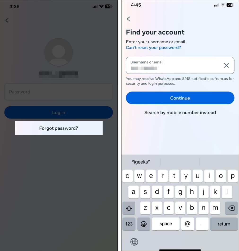 Find Your Account screen on the Instagram app on an iPhone.