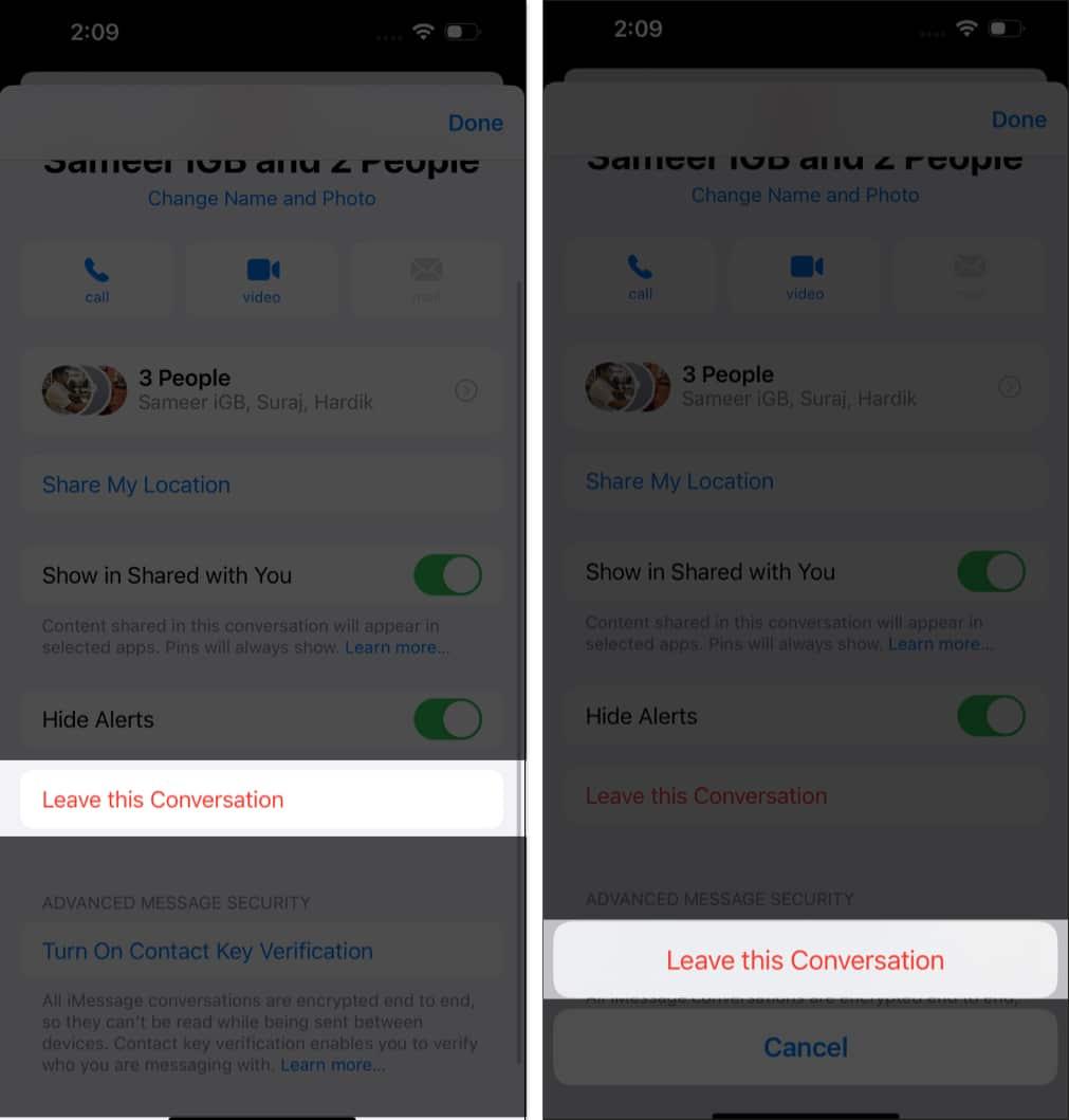 Leave this Conversation button in an iMessage group chat to exit the group.