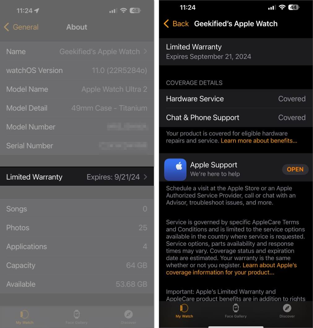 Warranty information for an Apple Watch in the Watch app on an iPhone.