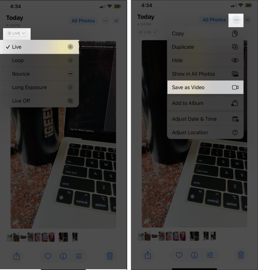 Saving a Live Photo as a video using the Save as Video option in the iPhone Photos app.