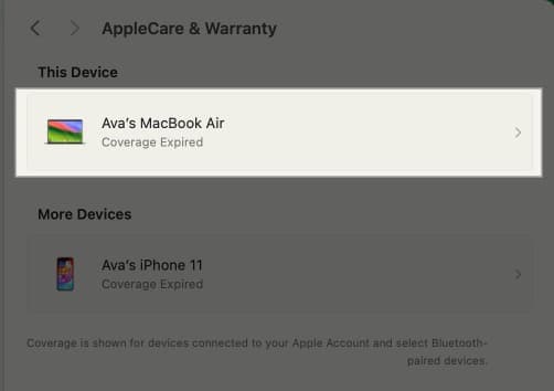 Selecting the MacBook to check its coverage.