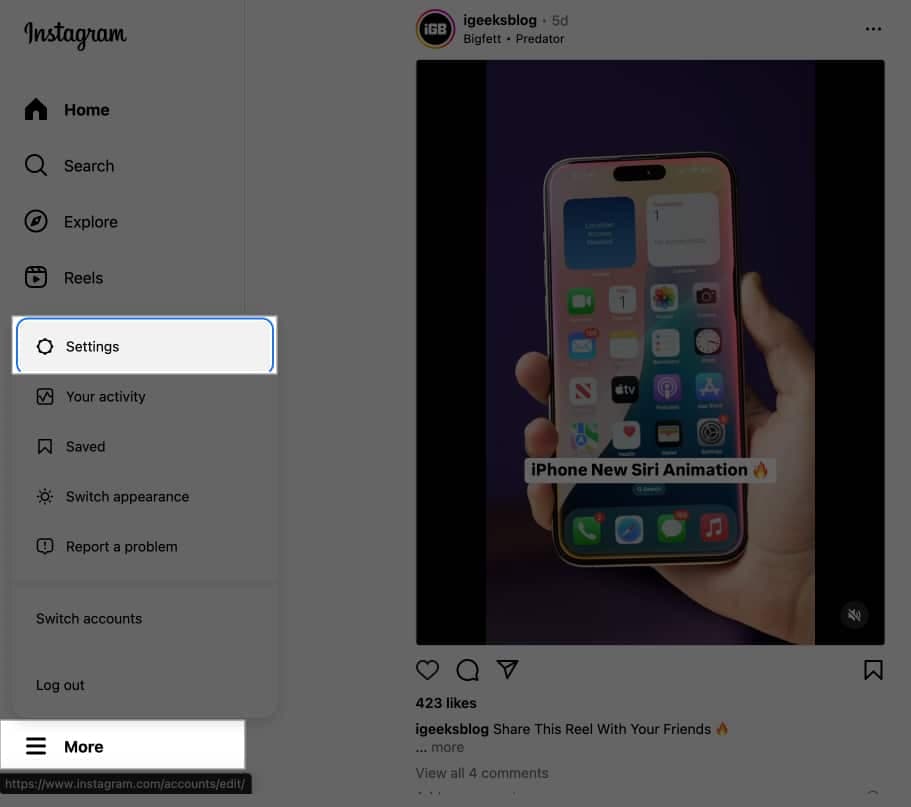 Setting option on the Instagram website on the desktop.