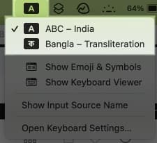 Input menu in macOS menu bar to select keyboard layout.