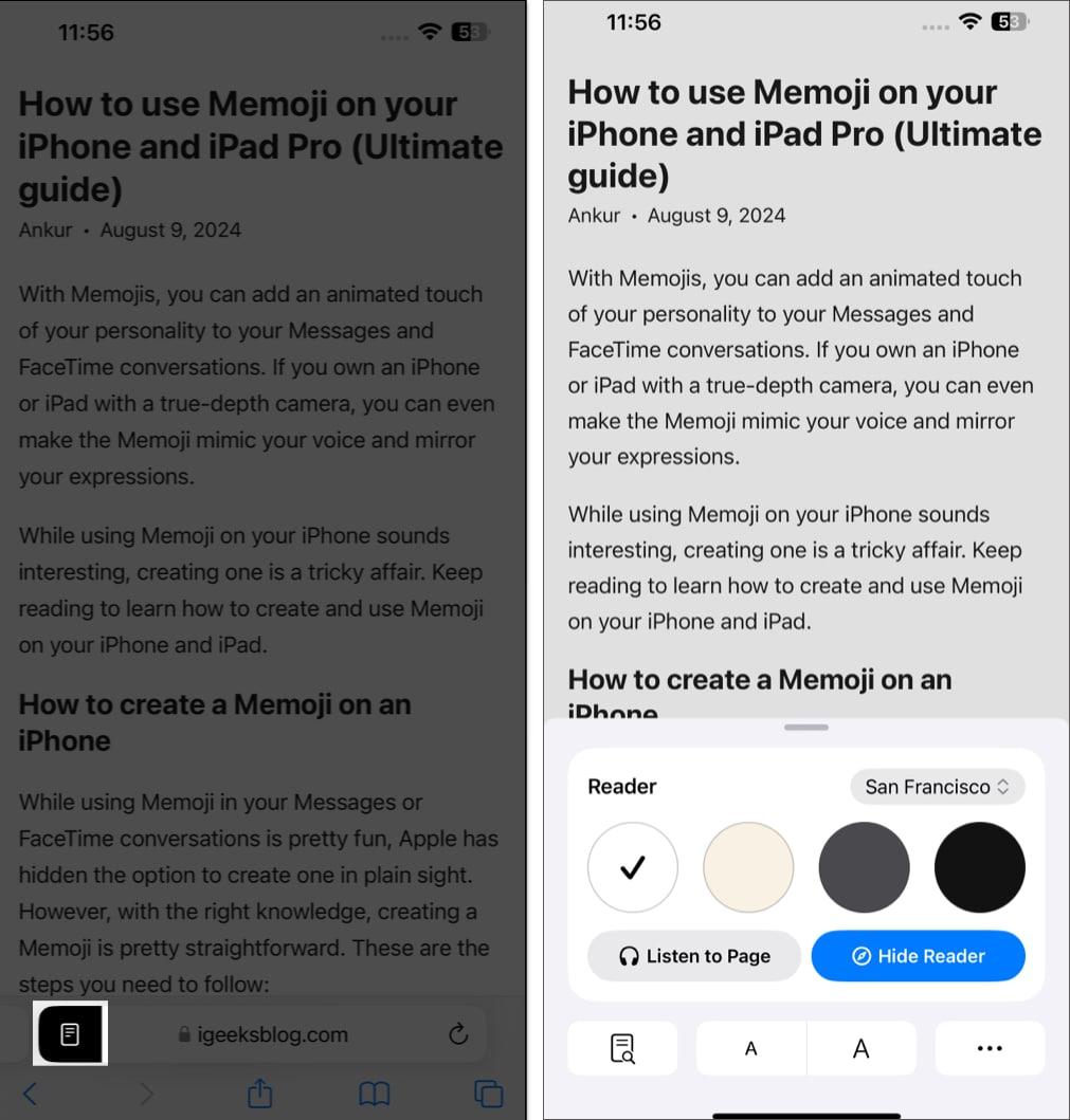 Select colour and font from customization page in reader mode