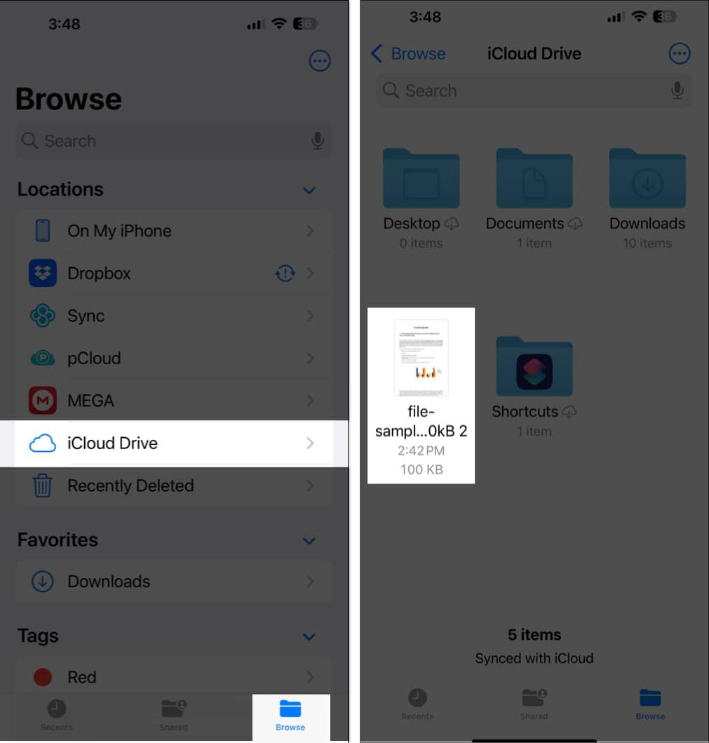 Accessing Safari downloads under  iCloud Drive in the Files app on an iPhone.