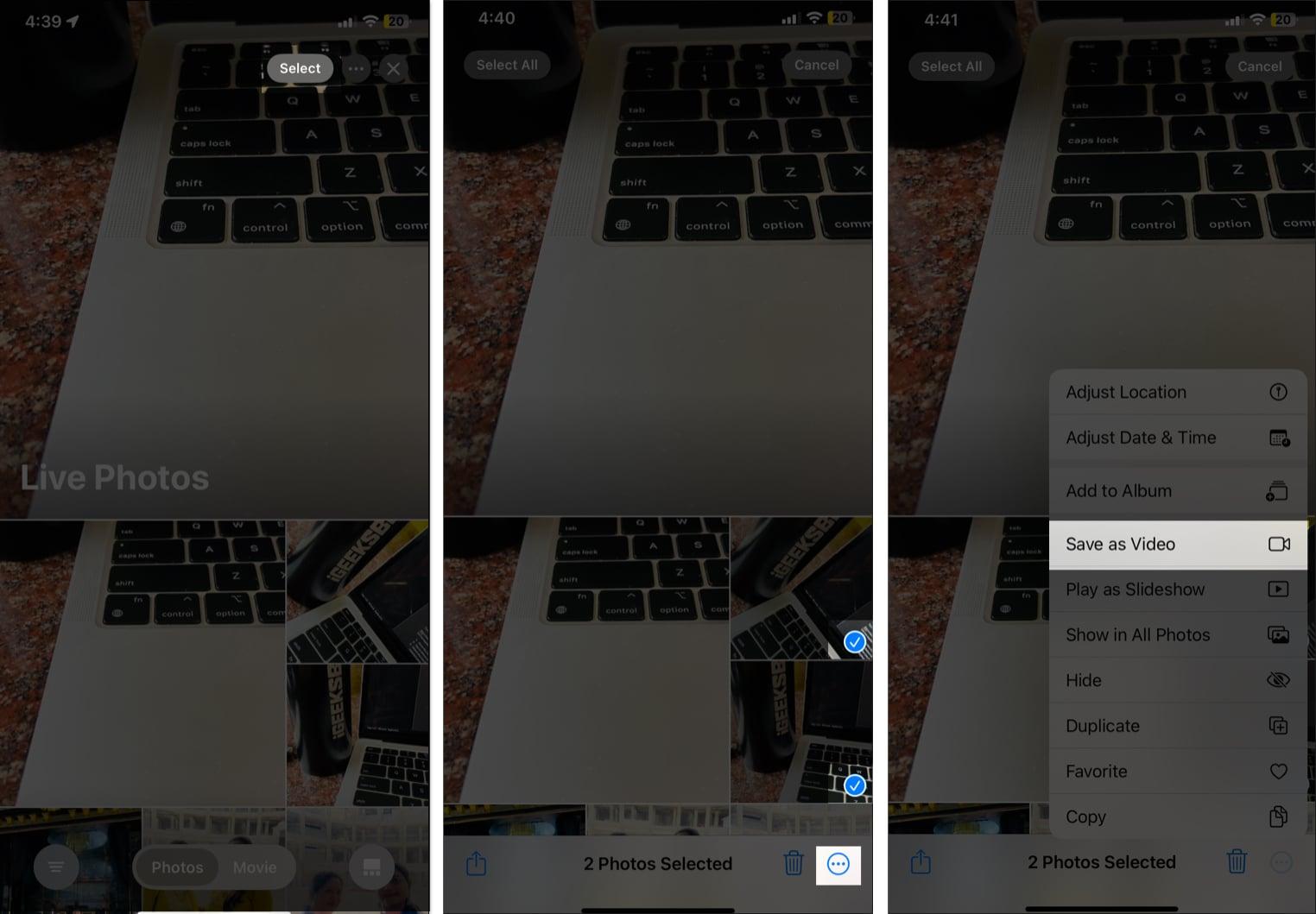 Using the Save as Video option in iOS Photos app to save selected Live Photos as videos on an iPhone.