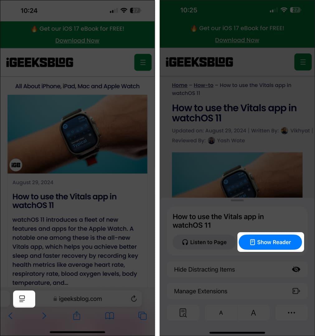 Show Reader button in Safari address bar in iOS 18.