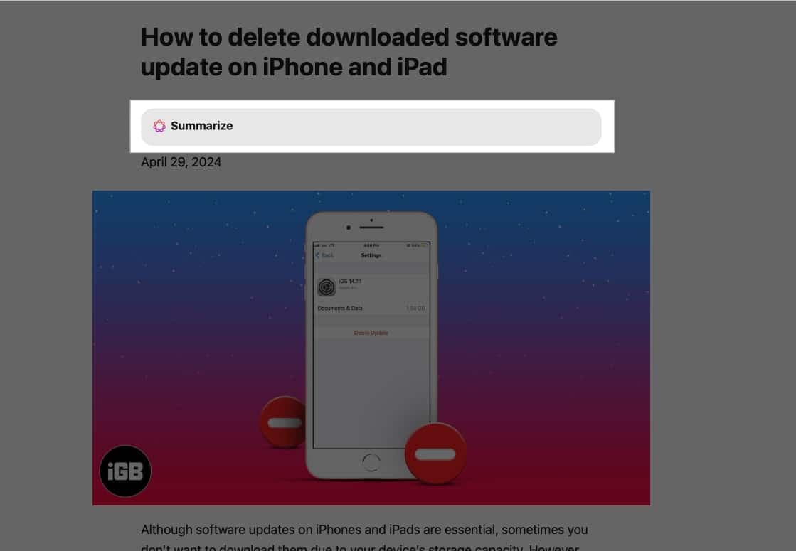 Summarize button in reader view in Safari to summarize a webpage on a Mac.