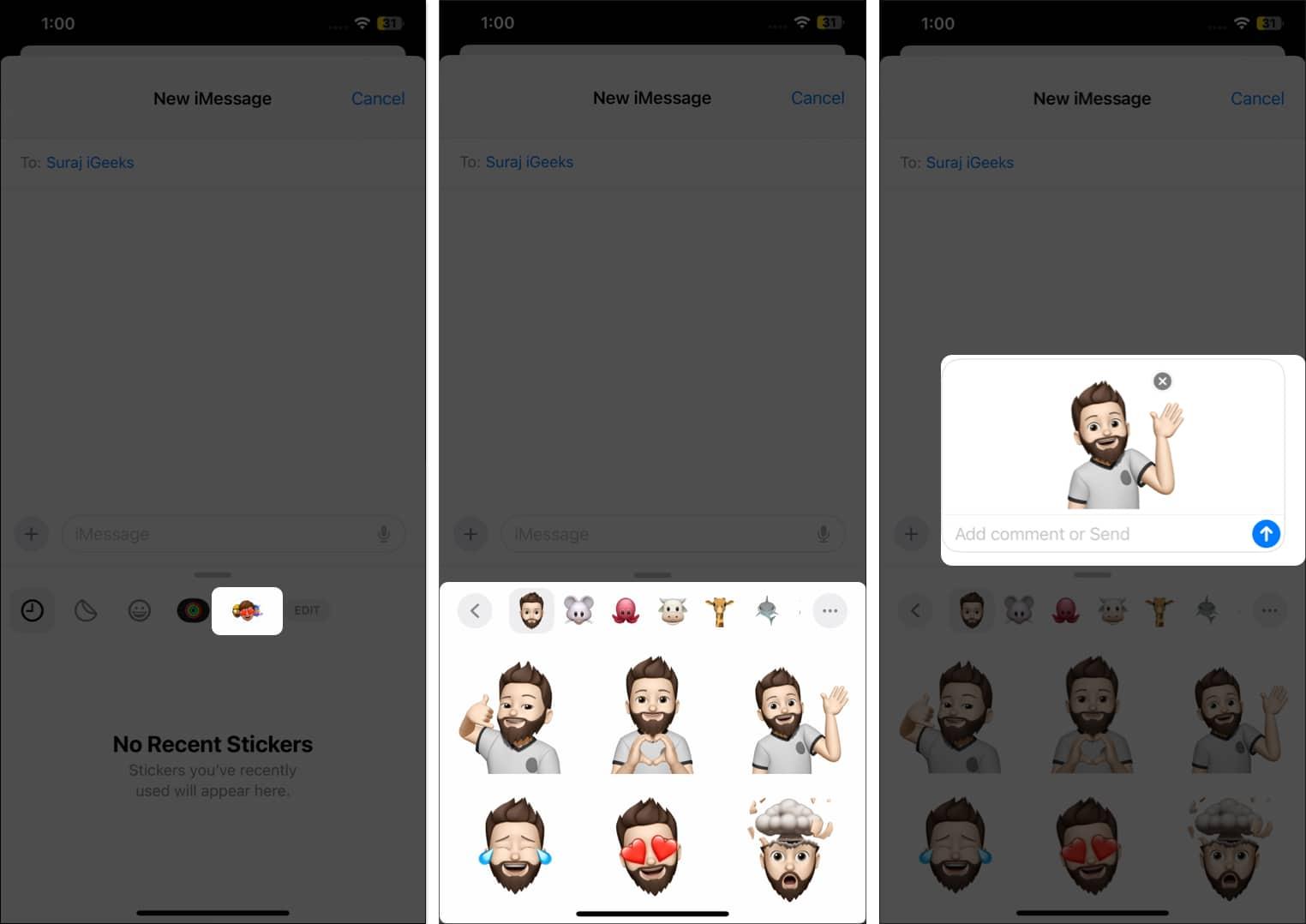 Picking and sending a Memoji sticker in the Messages app on an iPhone.
