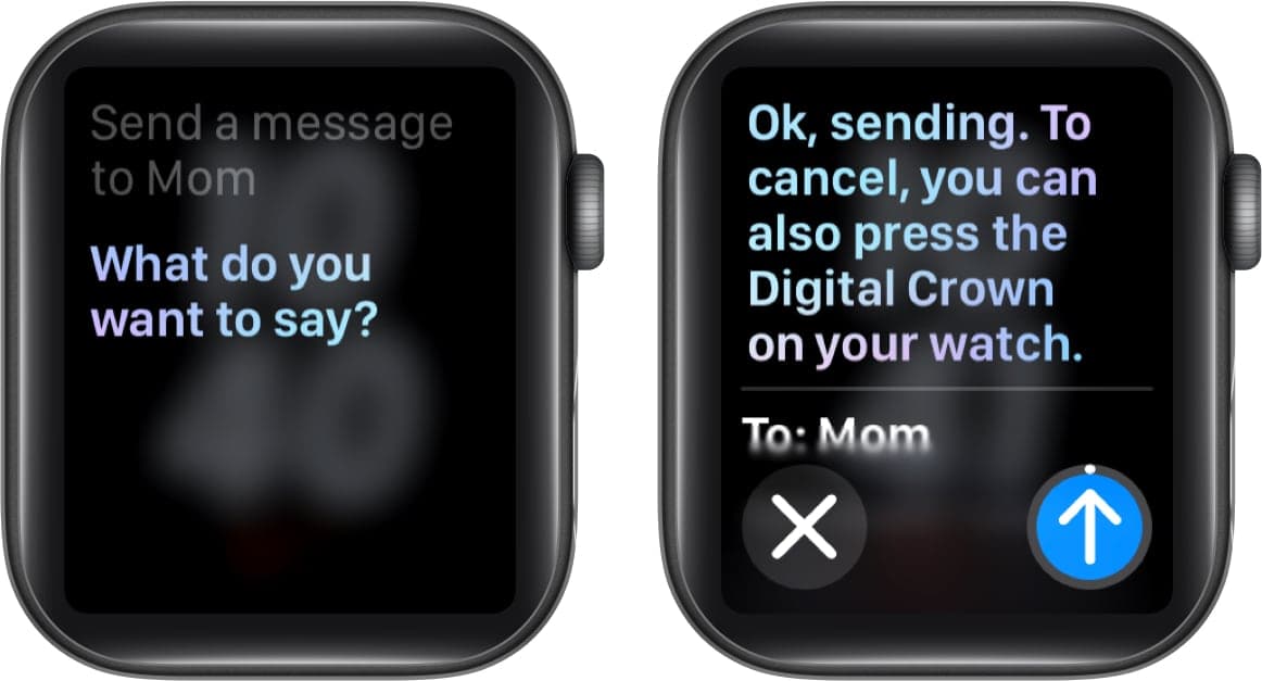 Composing and sending a message on an Apple Watch using Siri.