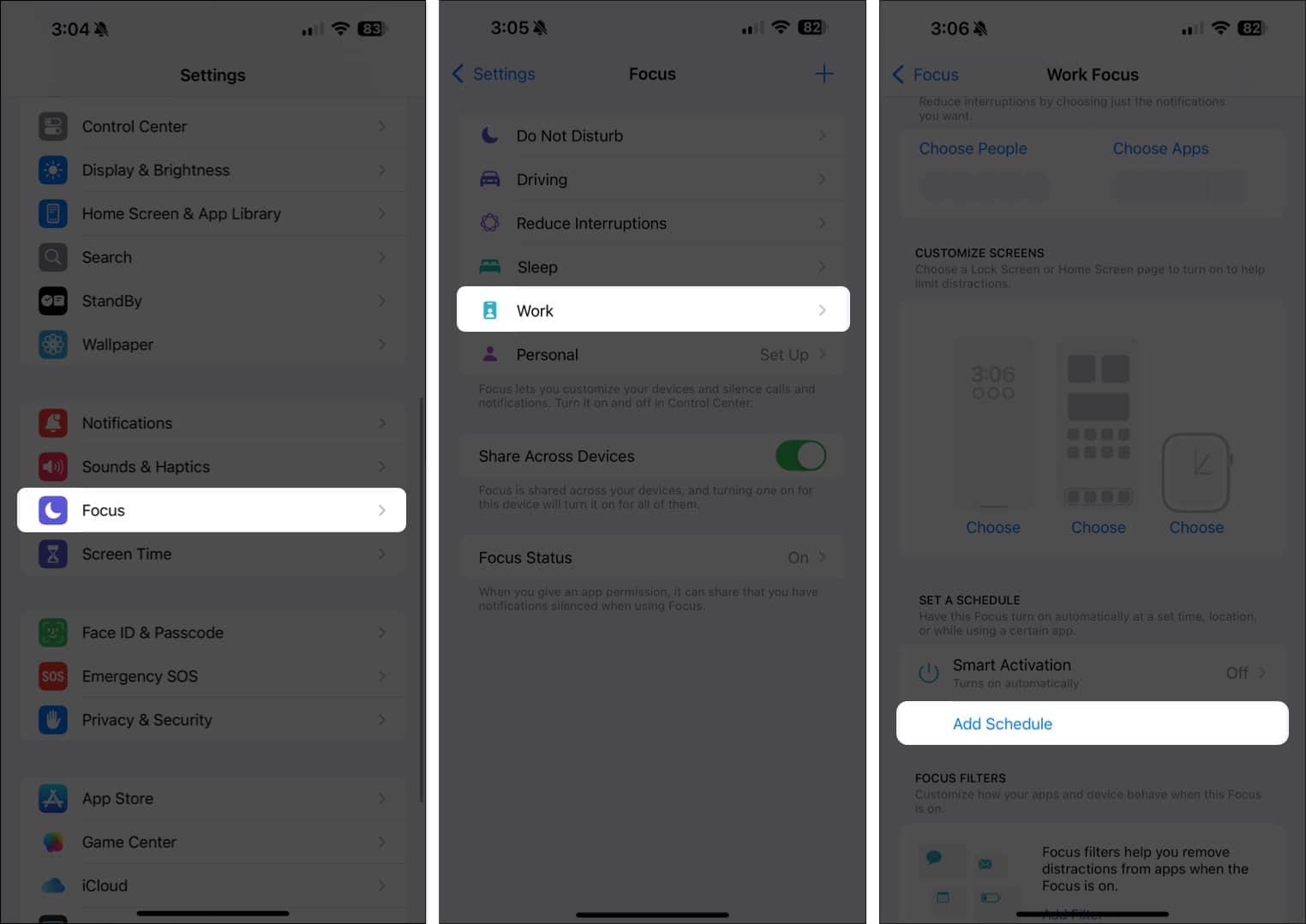 Add Schedule option for a Focus mode in iPhone Settings app.
