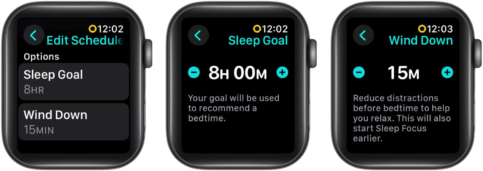 Setting up a Sleep Goal and the Wind Down time on an Apple Watch.