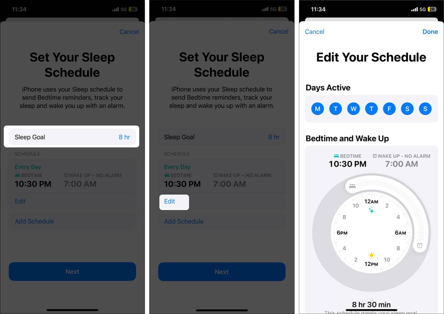 Editing a Sleep Schedule in the Watch app on an iPhone.