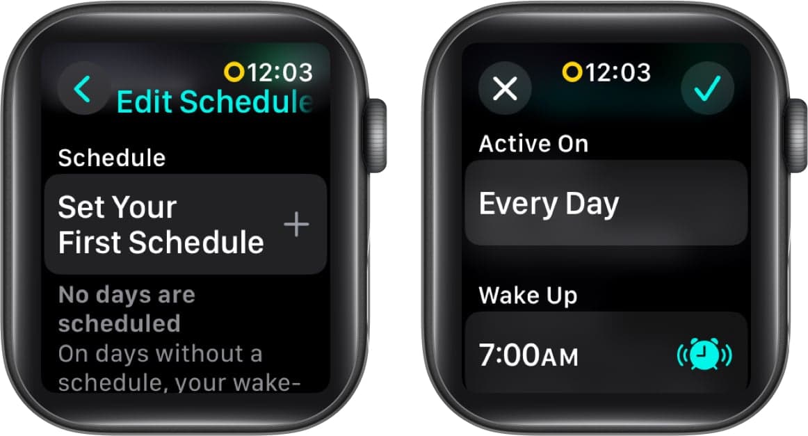 Confirming a Sleep Schedule on an Apple Watch.