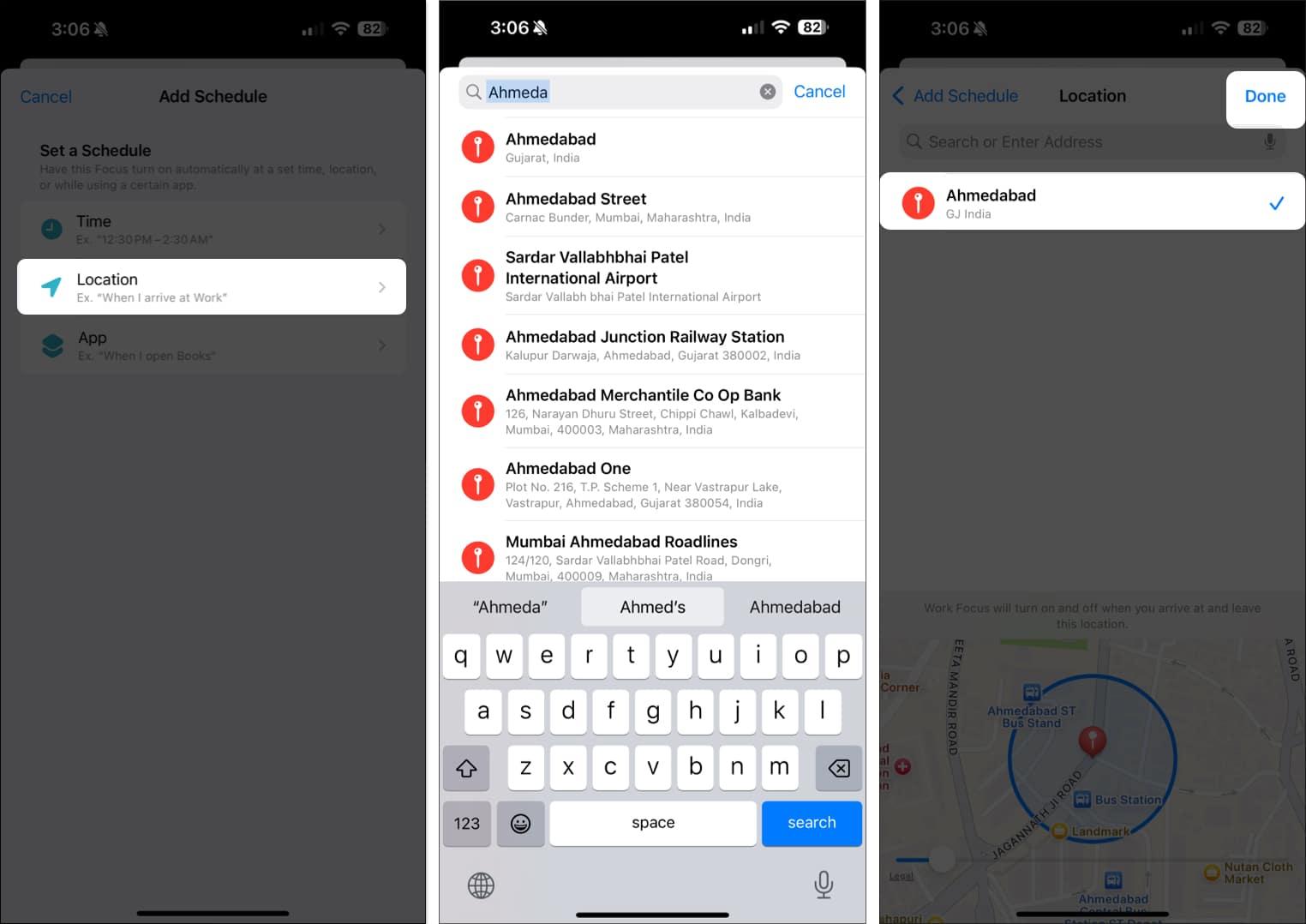Setting a location to automatically silence notifications on an iPhone.