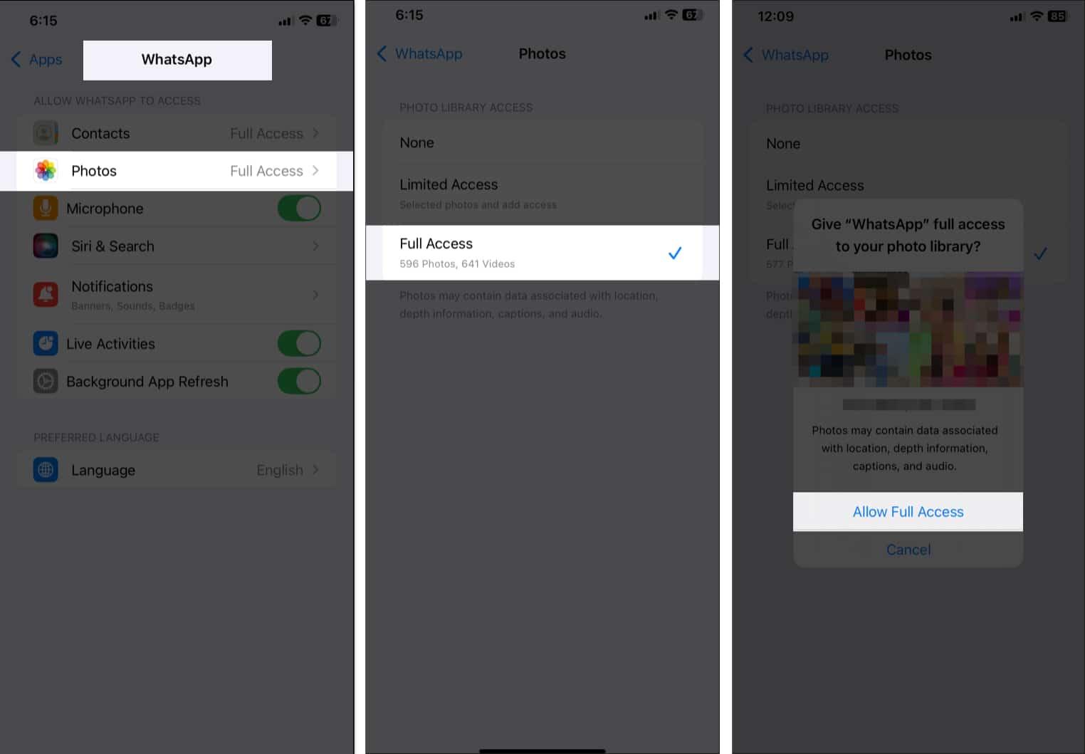 Allowing WhatsApp access to the Photos app on an iPhone.