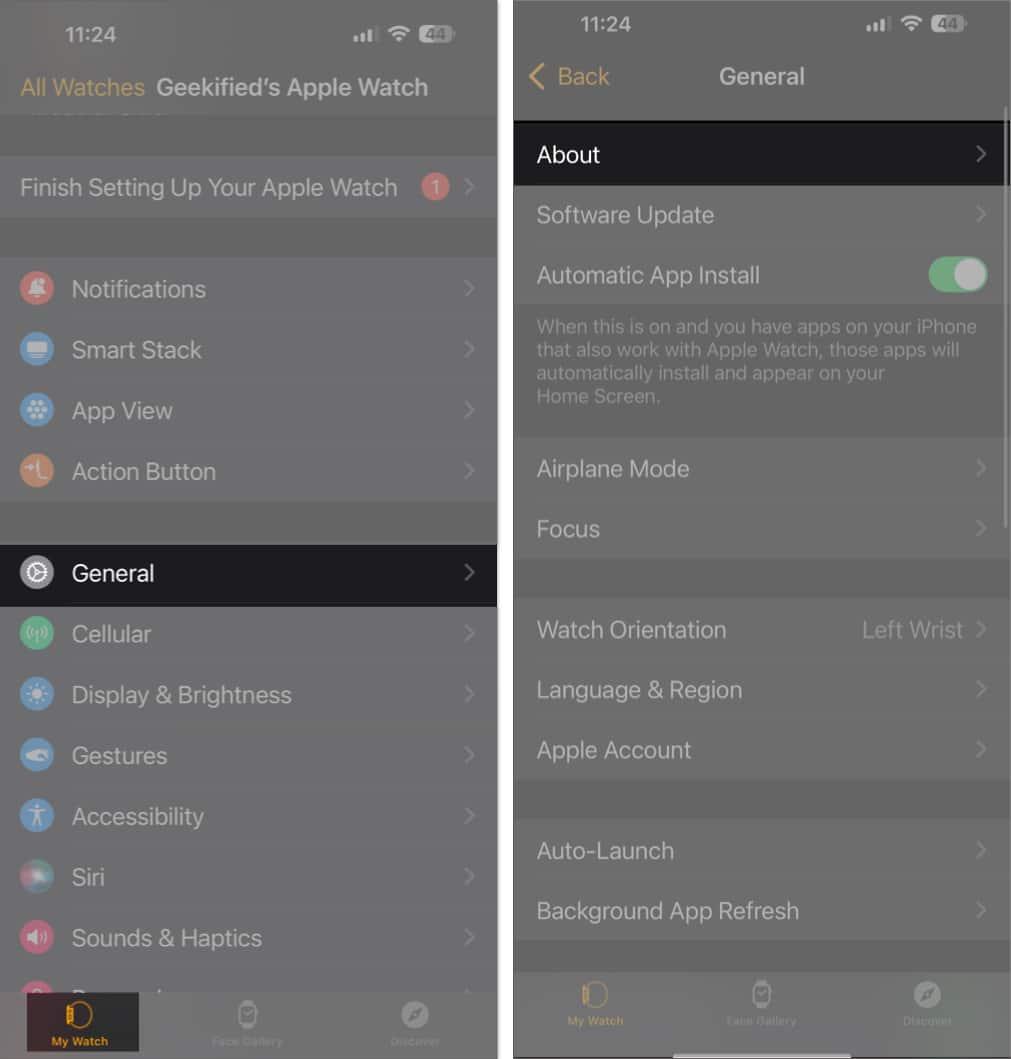 About page under General settings in the Watch app on an iPhone.