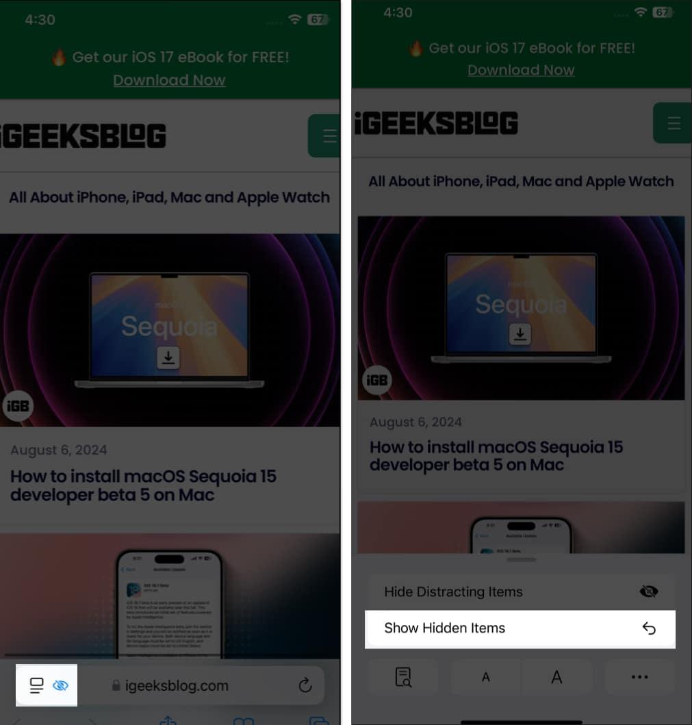 Show Hidden Items option in the Reader Mode menu to unhide hidden web page items in Safari.