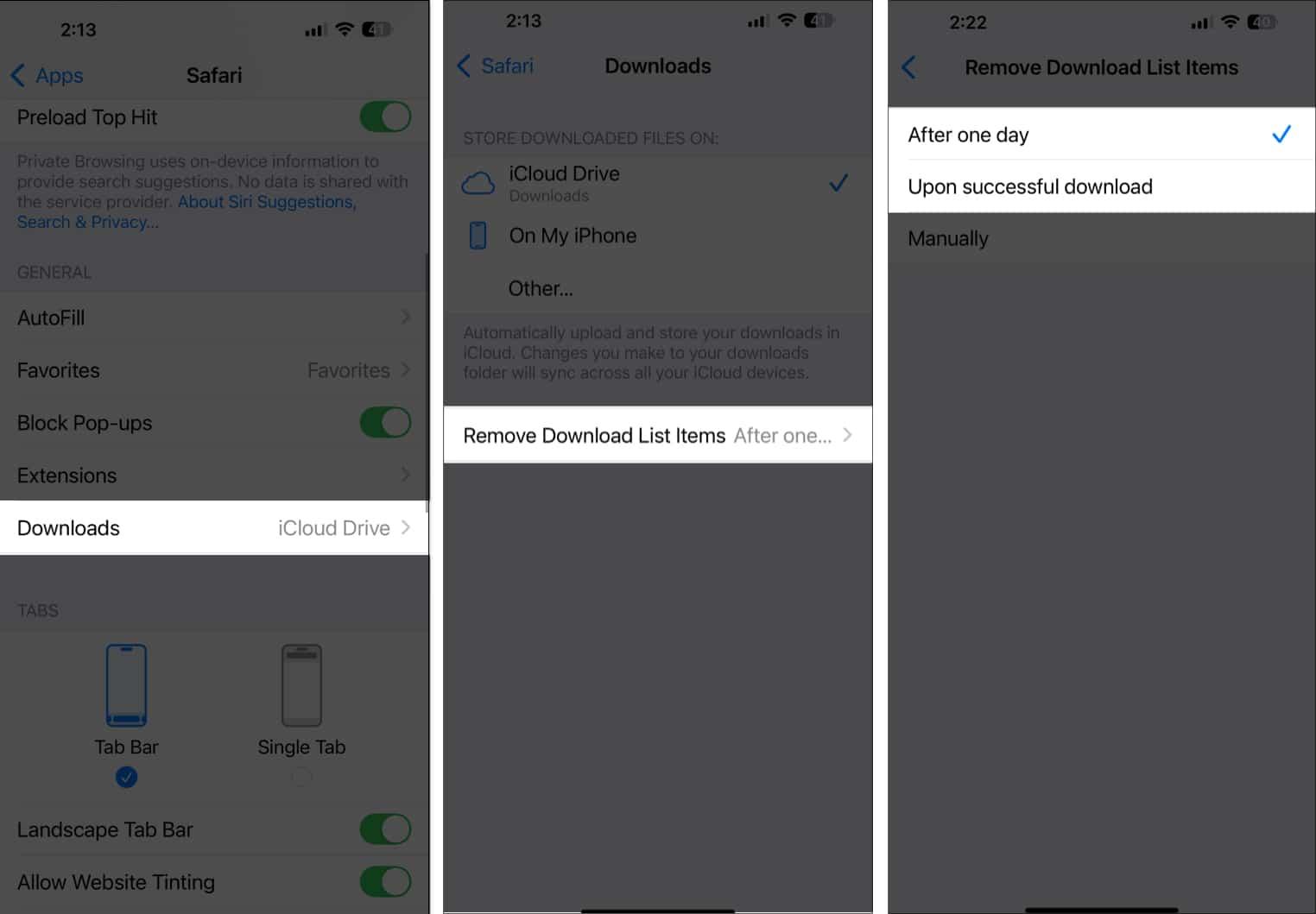 Enabling the auto-delete option to automatically delete Safari downloads on an iPhone.