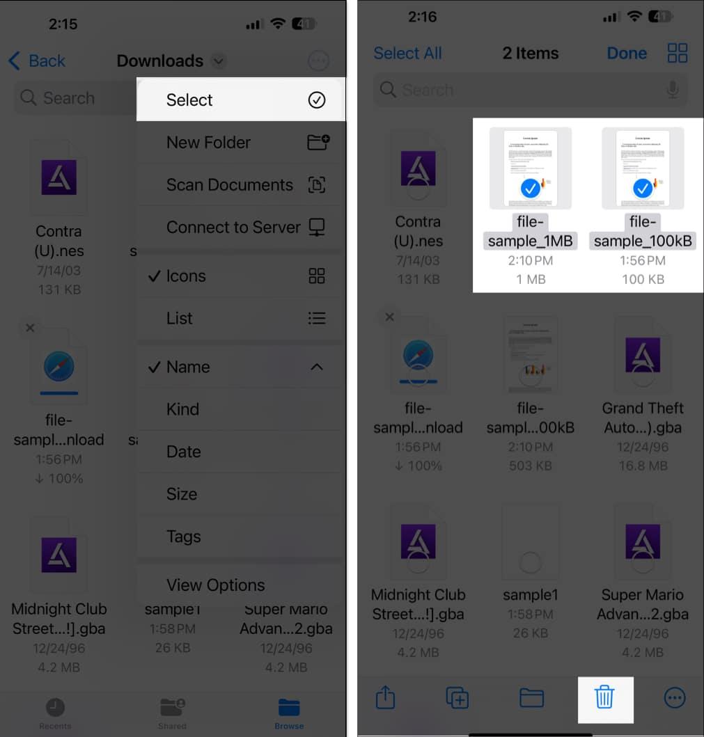 Deleting Safari downloads in the Files app on an iPhone.