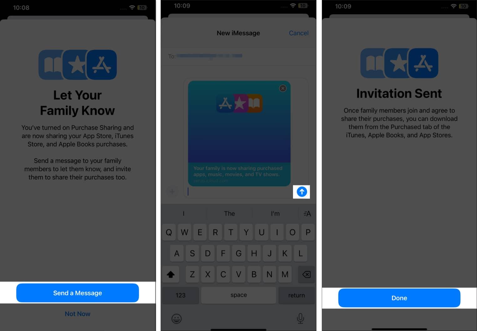 Tap on Send a Message and Done on Purchase Sharing