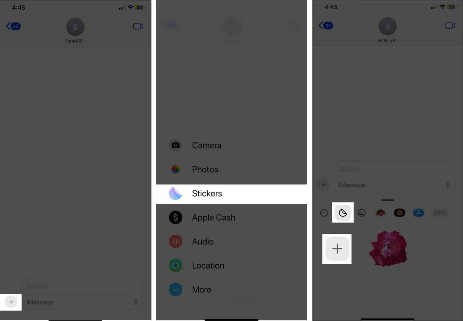Stickers option in the iPhone Messages app.