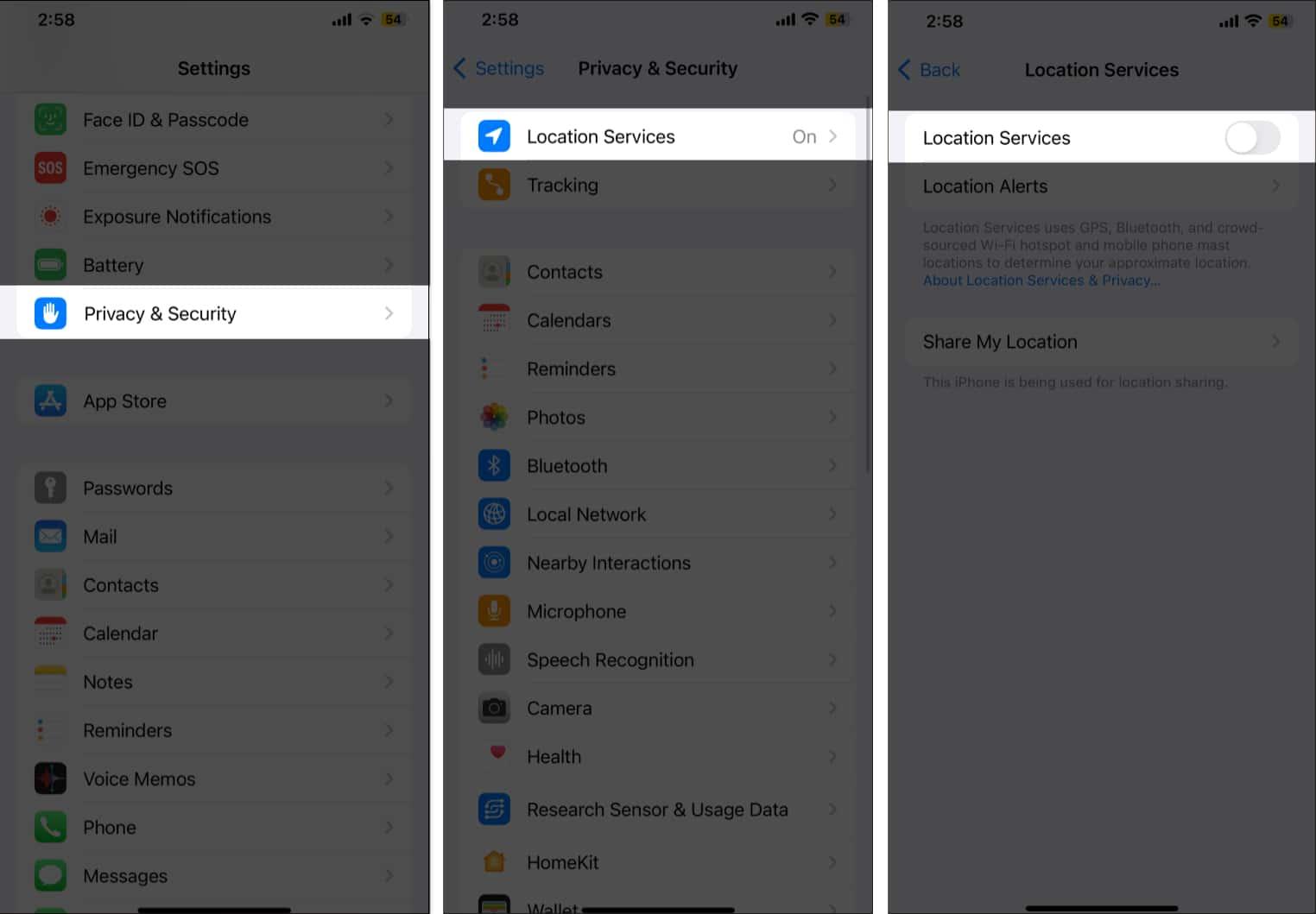 Toggle off Location Services from Privacy and Security Settings
