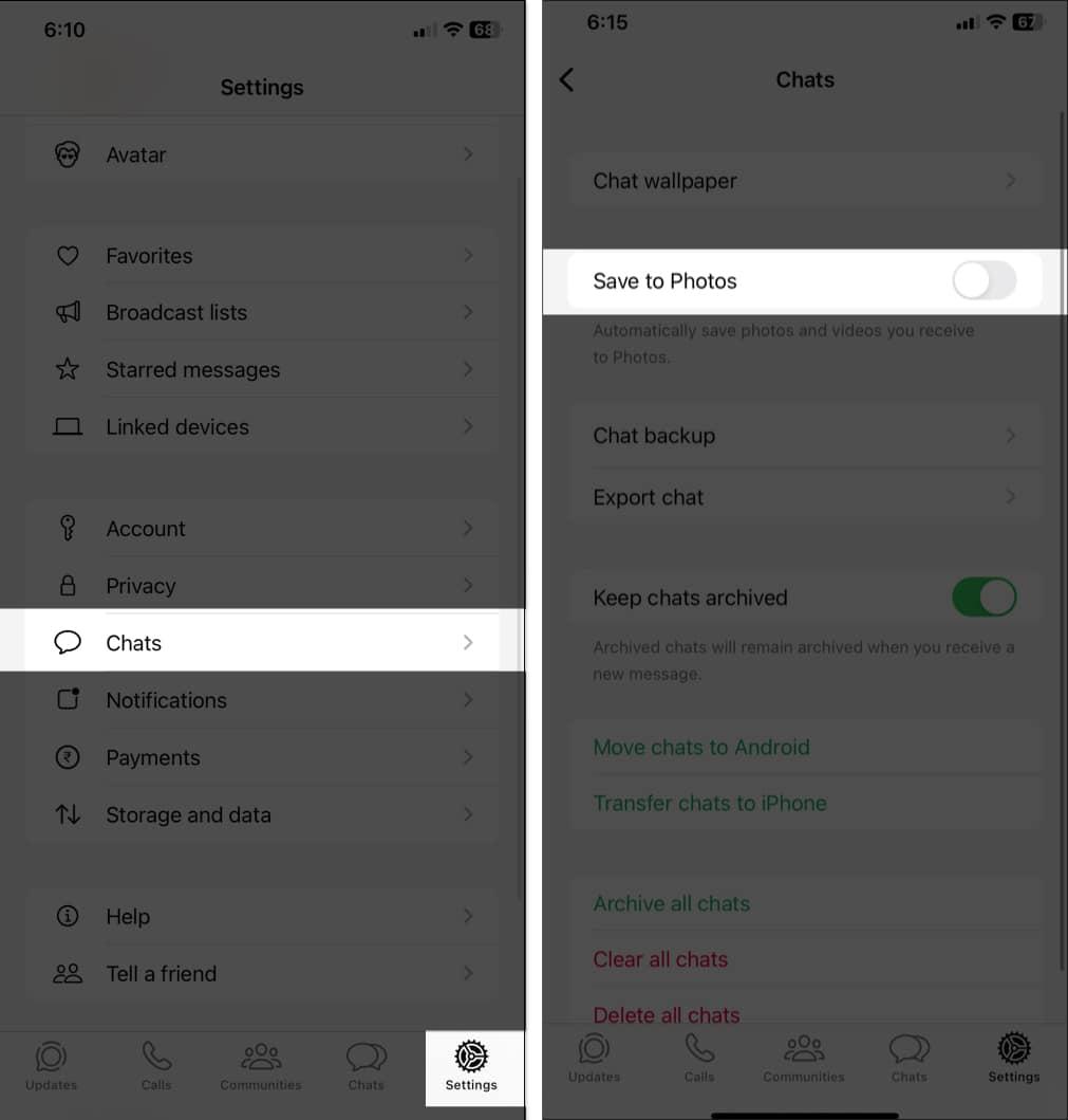 Toggled off Save to Photos option under Chat settings in WhatsApp on an iPhone.