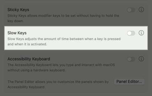 Toggled off Slow Keys option in MacBook System Settings.