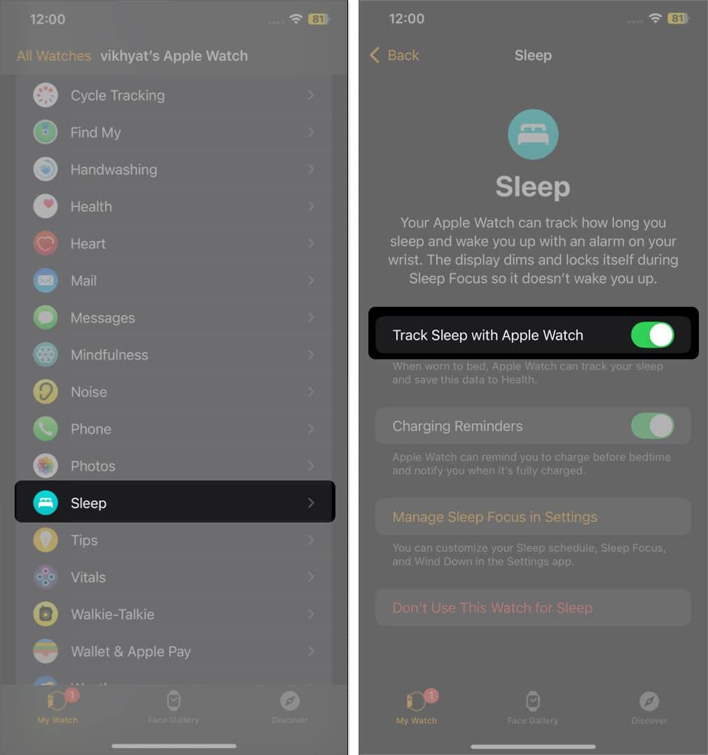 Toggling on the Track Sleep with Apple Watch feature in the Watch app.