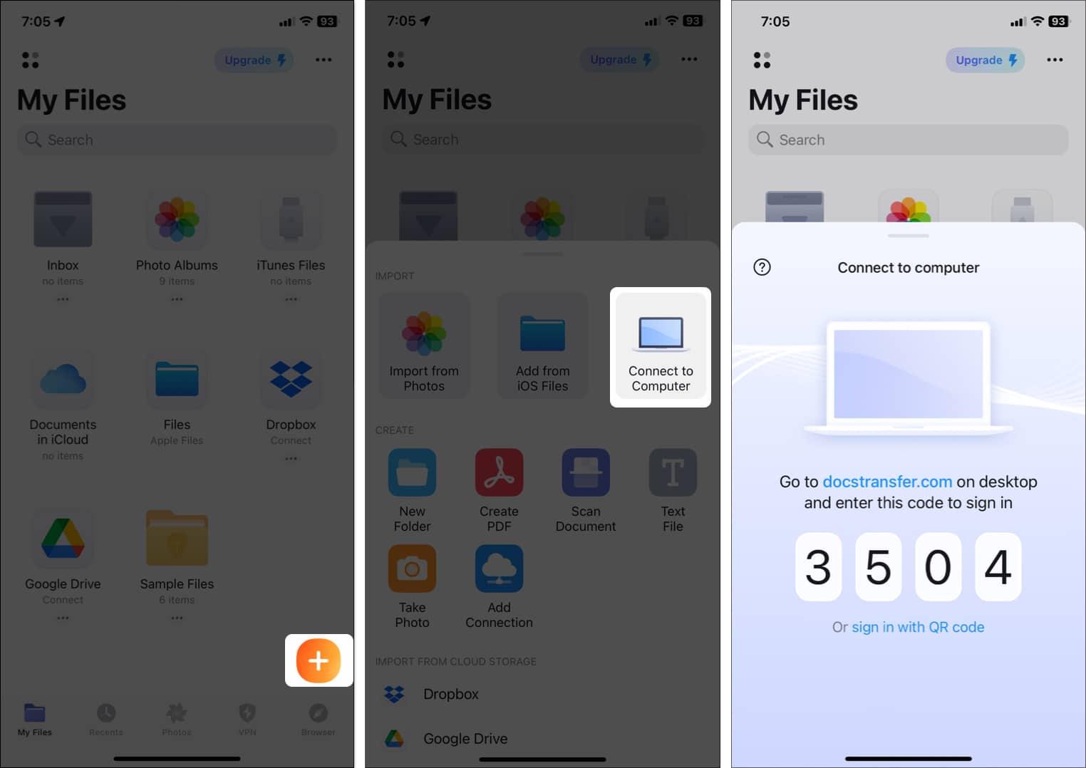 Connecting a computer using the Documents app on an iPhone.
