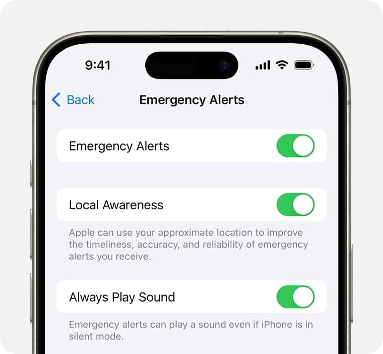 Emergency Alerts notification options.