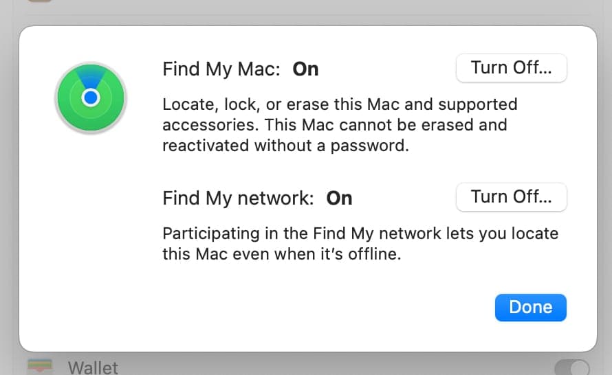 Turn Off button to disable Find My network.