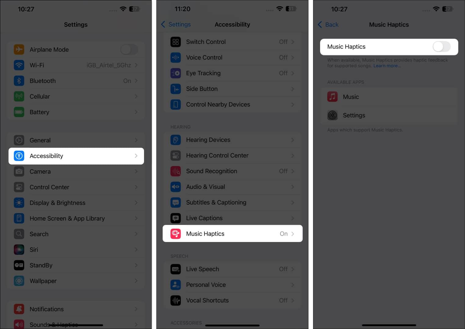 Toggling off the Music Haptics toggle in iPhone Settings.